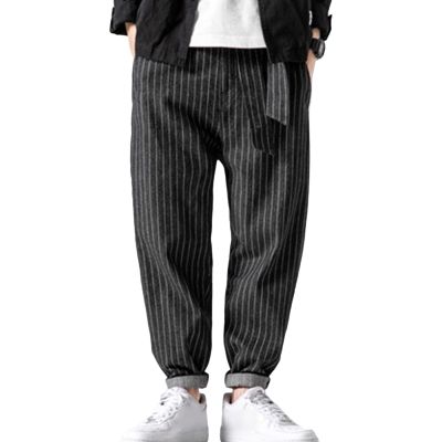 Men's Striped Harem Pants Vintage Casual Loose Cotton Denim Pants Plus Size Distressed Washed Jean Trousers (Black,5X-Large)