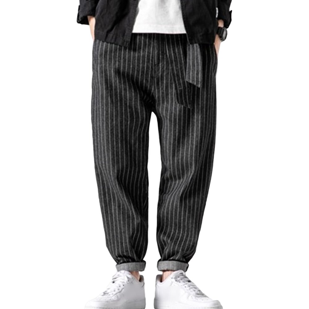 JEsilunmaMY Men's Striped Harem Pants Vintage Casual Loose Cotton Denim Pants Plus Size Distressed Washed Jean Trousers (Black,Medium)
