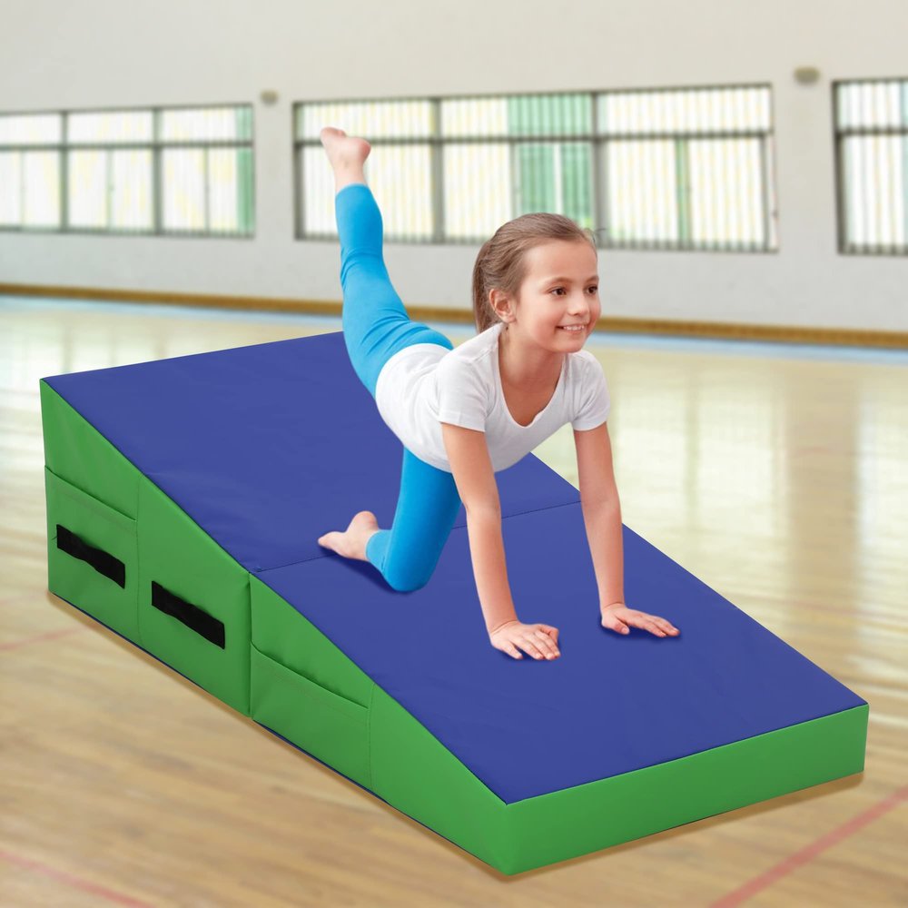 Incline Gymnastics Mat Gymnastics Mat 48x24 Inch Folding Incline Gymnastics Mat with Handle for Kids' Indoor/Outdoor Exercise, Tumbling, Skill Training, Gym Exercise, Cheese Mat, Gymnastics Wedge (Light Blue)