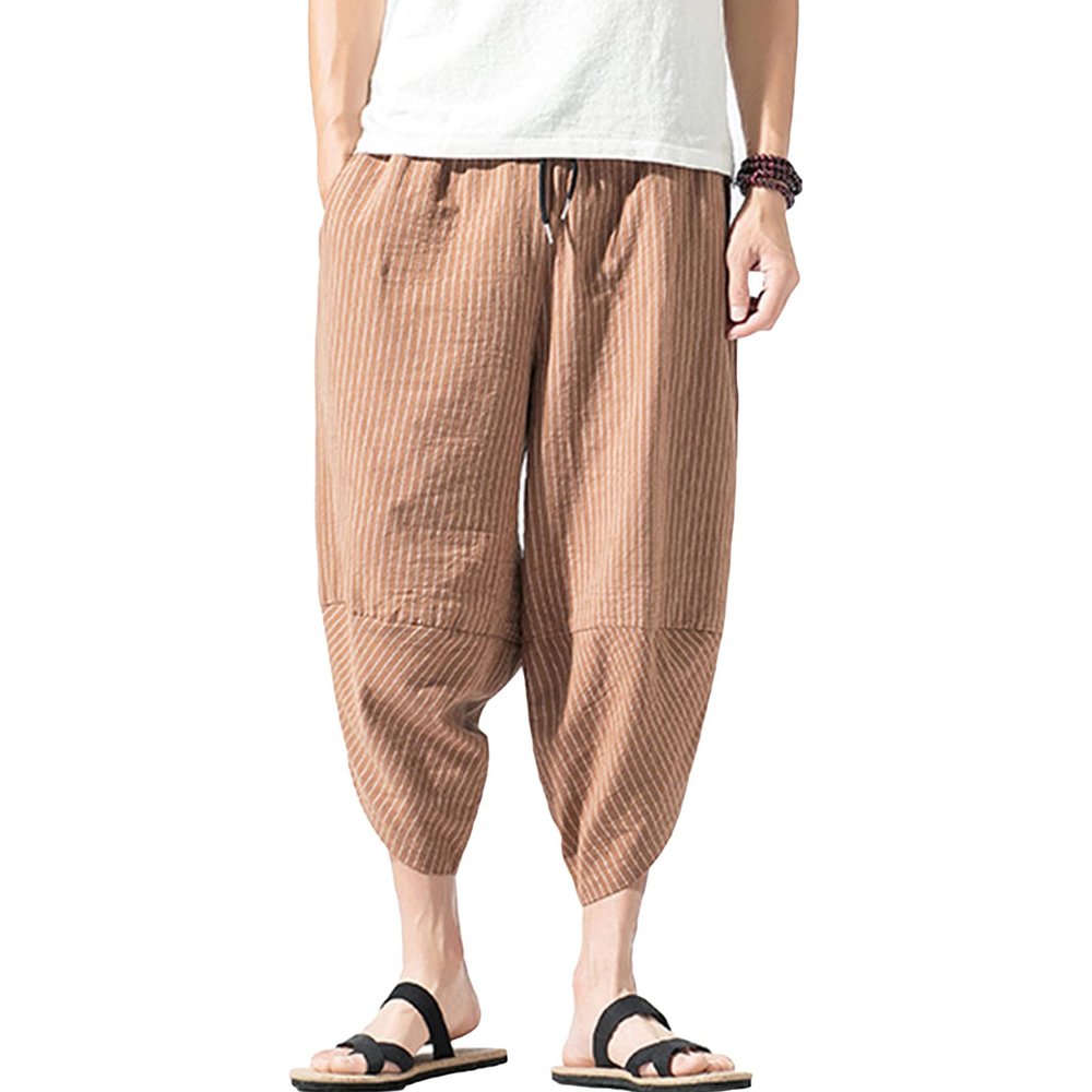JEsilunmaMY Men's Striped Cropped Pants Plus Size Elastic Waist Linen Wide Leg Bloomers Summer Beach Lounge Pants with Pocket (Dark Khaki,5X-Large)