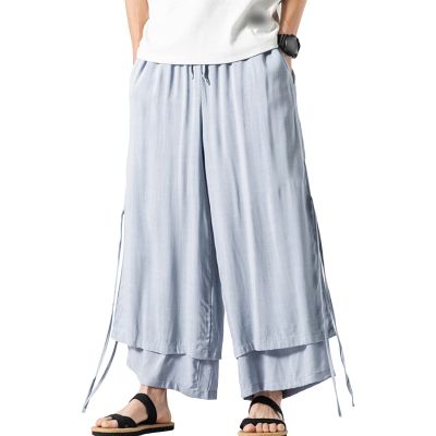 JEsilunmaMY Men's Retro Wide Leg Pants Elastic Waist Casual Loose Linen Lounge Pants Summer Baggy Dance Jogger Sweatpants (Light Blue,XX-Large)