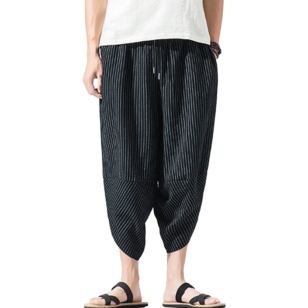 JEsilunmaMY Men's Striped Cropped Pants Plus Size Elastic Waist Linen Wide Leg Bloomers Summer Beach Lounge Pants with Pocket (Black,3X-Large)