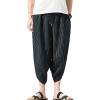 JEsilunmaMY Men's Striped Cropped Pants Plus Size Elastic Waist Linen Wide Leg Bloomers Summer Beach Lounge Pants with Pocket (Black,3X-Large) view 1