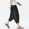 JEsilunmaMY Men's Striped Cropped Pants Plus Size Elastic Waist Linen Wide Leg Bloomers Summer Beach Lounge Pants with Pocket (Black,3X-Large) view 2