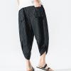 JEsilunmaMY Men's Striped Cropped Pants Plus Size Elastic Waist Linen Wide Leg Bloomers Summer Beach Lounge Pants with Pocket (Black,3X-Large) view 3