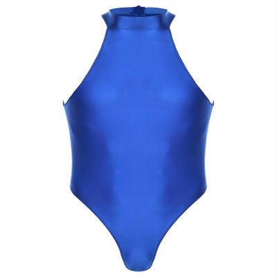 Zaldita Men's Oil Glossy Zipper Back Bodysuit Leotard Sleeveless Jumpsuit Fitness Gym Sportswear Blue X-Large