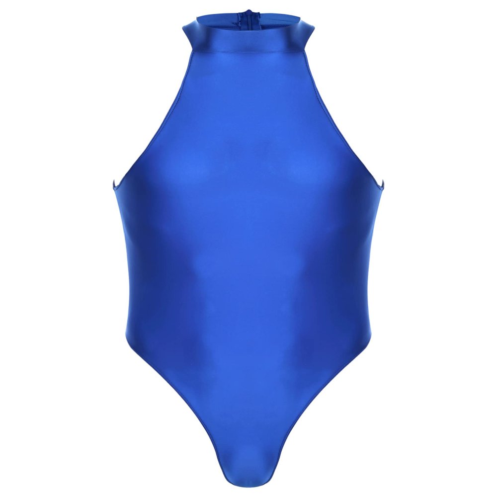 Zaldita Men's Oil Glossy Zipper Back Bodysuit Leotard Sleeveless Jumpsuit Fitness Gym Sportswear Blue X-Large