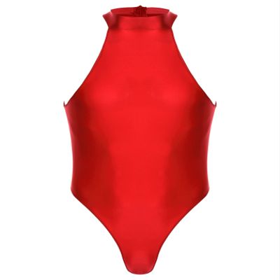 QinCiao Men's Zipper Back Bodysuits One Piece Sleeveless Leotard High Elastic Oil Jumpsuits Burgundy X-Large