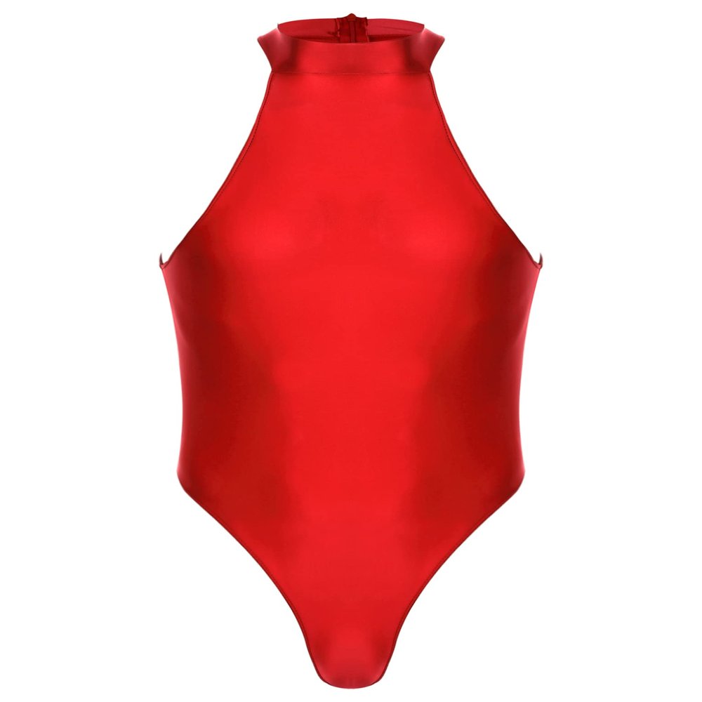 QinCiao Men's Zipper Back Bodysuits One Piece Sleeveless Leotard High Elastic Oil Jumpsuits Burgundy X-Large