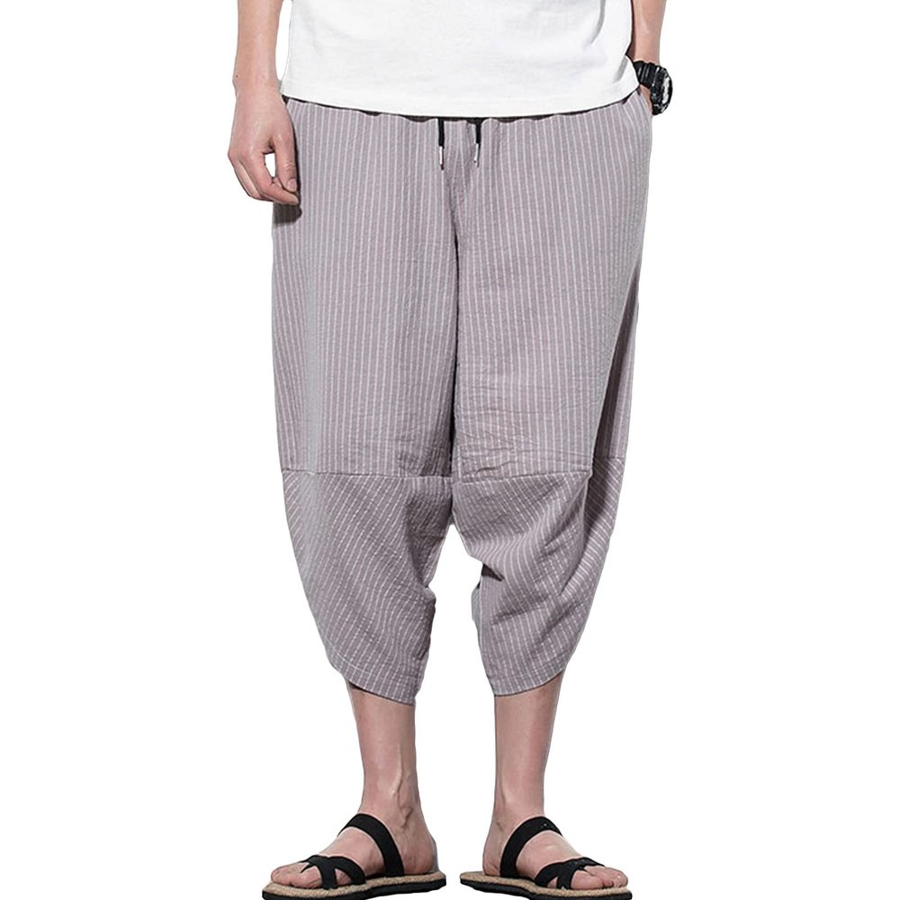 JEsilunmaMY Men's Striped Cropped Pants Plus Size Elastic Waist Linen Wide Leg Bloomers Summer Beach Lounge Pants with Pocket (Grey,5X-Large)