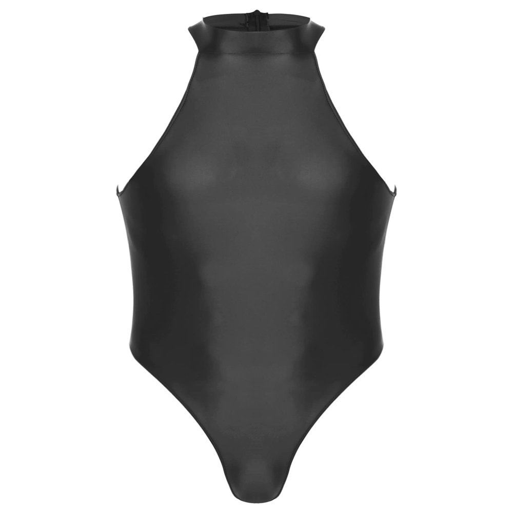 Zaldita Men's Oil Glossy Zipper Back Bodysuit Leotard Sleeveless Jumpsuit Fitness Gym Sportswear Black X-Large