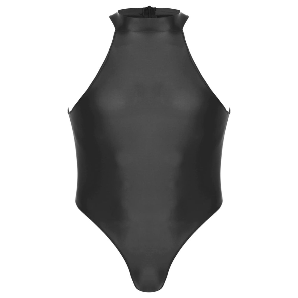 QinCiao Men's Zipper Back Bodysuits One Piece Sleeveless Leotard High Elastic Oil Jumpsuits Black X-Large