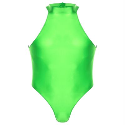 QinCiao Men's Zipper Back Bodysuits One Piece Sleeveless Leotard High Elastic Oil Jumpsuits Fluorescent Green X-Large