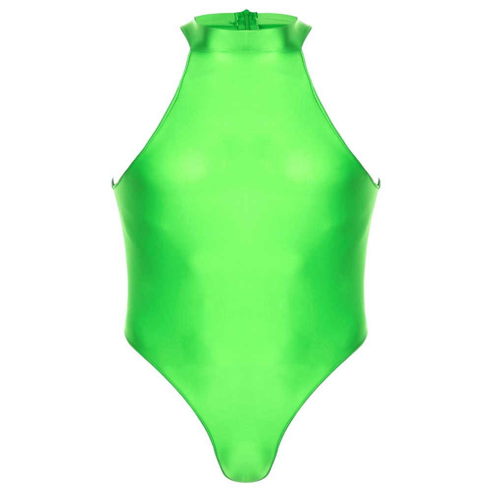 QinCiao Men's Zipper Back Bodysuits One Piece Sleeveless Leotard High Elastic Oil Jumpsuits Fluorescent Green X-Large