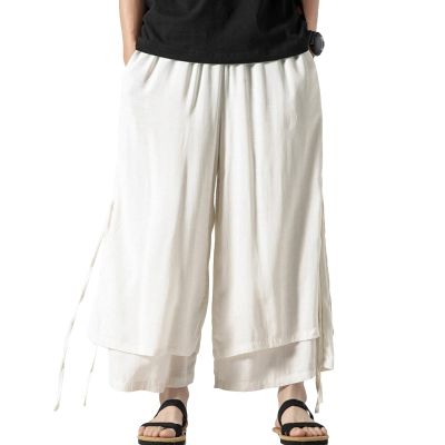 JEsilunmaMY Men's Retro Wide Leg Pants Elastic Waist Casual Loose Linen Lounge Pants Summer Baggy Dance Jogger Sweatpants (White,3X-Large)