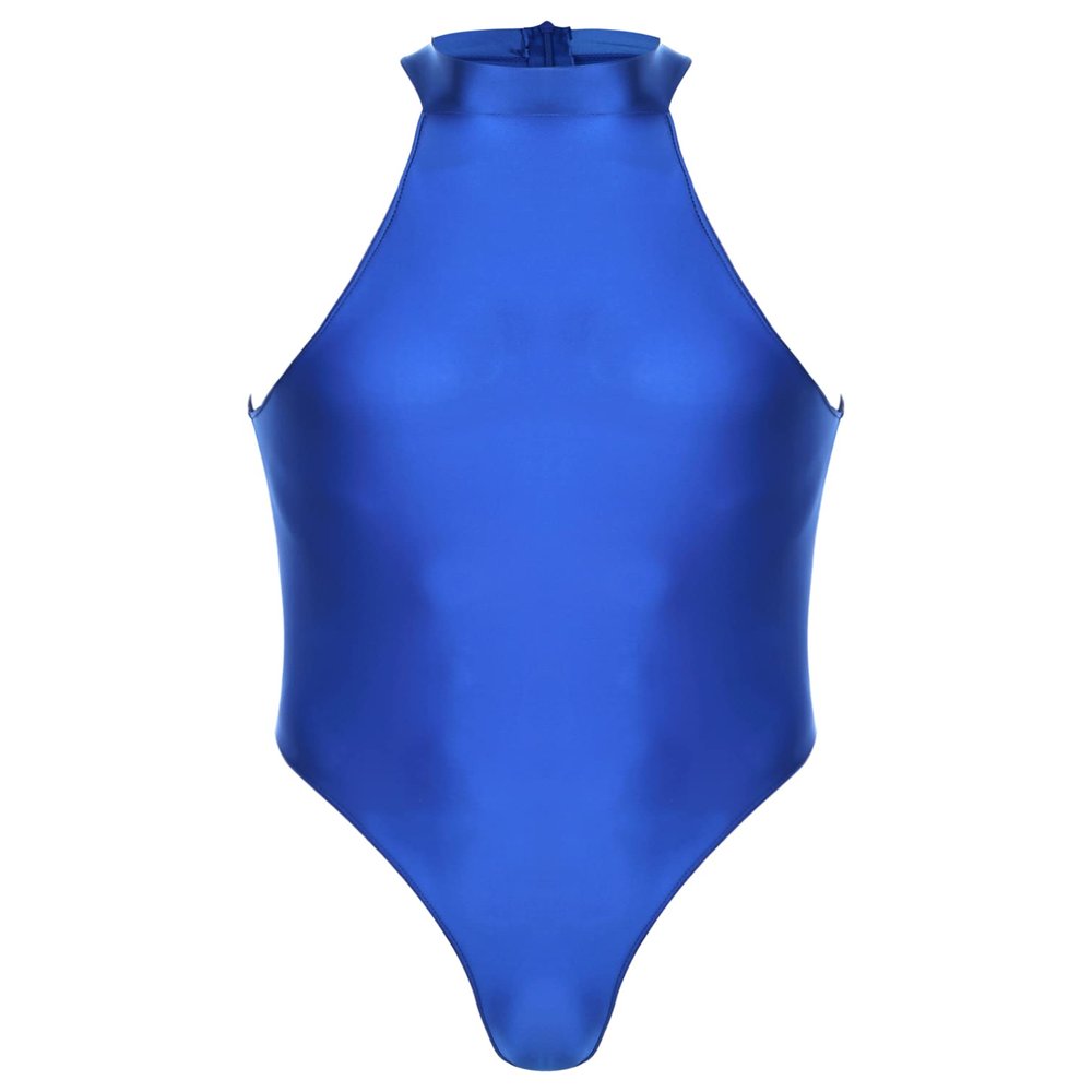 Agoky Men's Sexy Tights Oil Glossy Bodysuits Zipper Back Sleeveless Swimsuit Sportswear Jumpsuits Blue X-Large