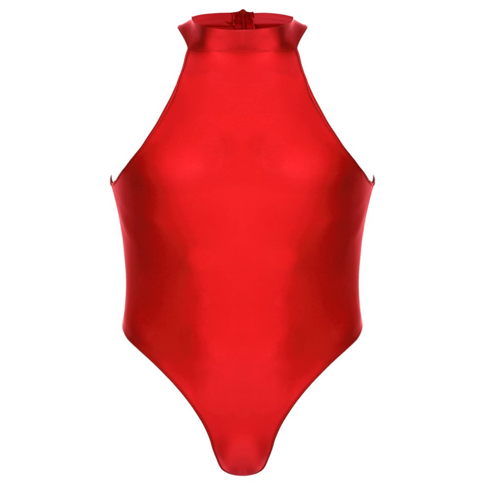 Agoky Men's Sexy Tights Oil Glossy Bodysuits Zipper Back Sleeveless Swimsuit Sportswear Jumpsuits Burgundy X-Large