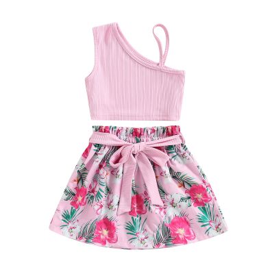 Baby Girls' Short Sets Plain One Shoulder Strap Top Floral Print Shorts with Belt Playwear Summer Outfit