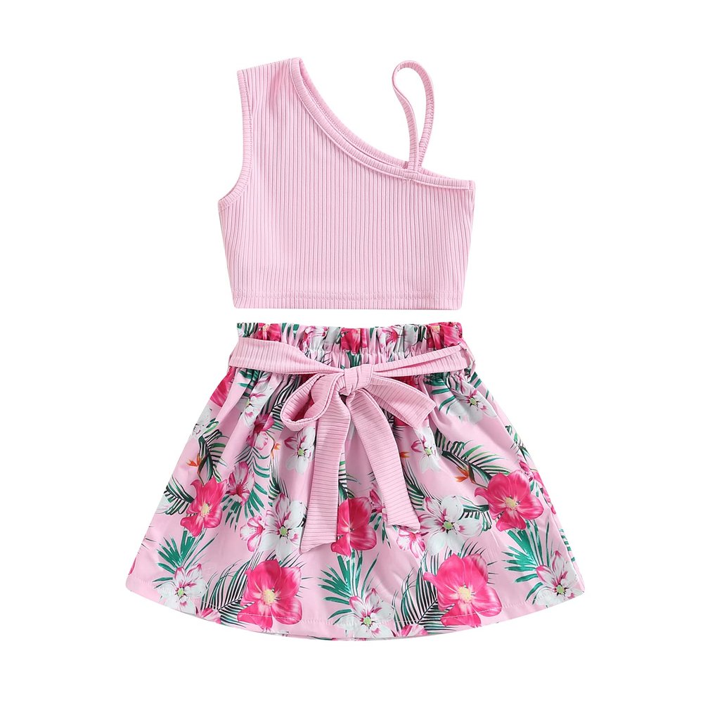 Baby Girls' Short Sets Plain One Shoulder Strap Top Floral Print Shorts with Belt Playwear Summer Outfit