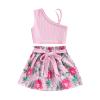 Baby Girls' Short Sets Plain One Shoulder Strap Top Floral Print Shorts with Belt Playwear Summer Outfit view 1