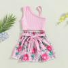 Baby Girls' Short Sets Plain One Shoulder Strap Top Floral Print Shorts with Belt Playwear Summer Outfit view 2