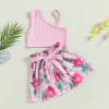Baby Girls' Short Sets Plain One Shoulder Strap Top Floral Print Shorts with Belt Playwear Summer Outfit view 3