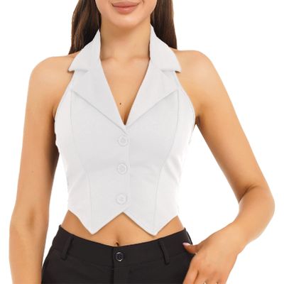 YONGHS Womens Regular Fitted Dressy Waistcoat Sleeveless Halter V-Neck Button Front Crop Blazer Suit Vest White A Large