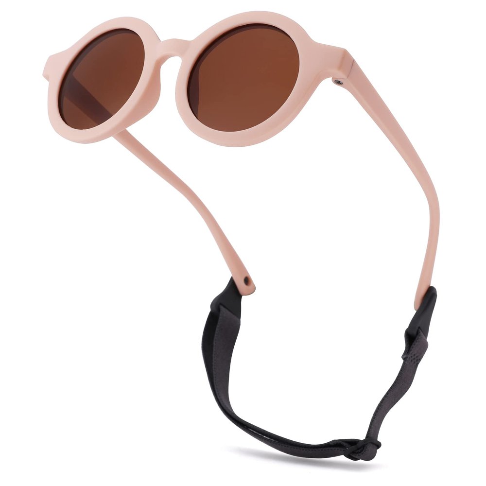 Hycredi Bendable Round Baby Polarized Sunglasses Flexible with Strap for Newborn Infant Toddlers Age 0-24 Months-Pink/Brown