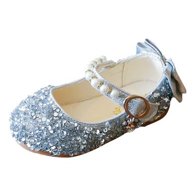 First Walke Shoes for Baby Boy Single Infant Princess Crystal Kids Bowknot Dancing Pearl Shoes (Silver, 18 Months)