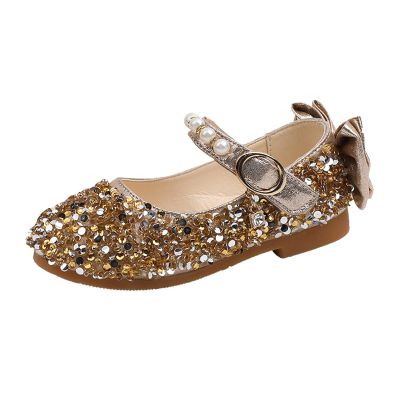 First Walke Shoes for Baby Boy Single Infant Princess Crystal Kids Bowknot Dancing Pearl Shoes Sandal (Gold, 2 Years)