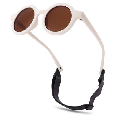 Hycredi Bendable Round Baby Polarized Sunglasses Flexible with Strap for Newborn Infant Toddlers Age 0-24 Months-White/Brown