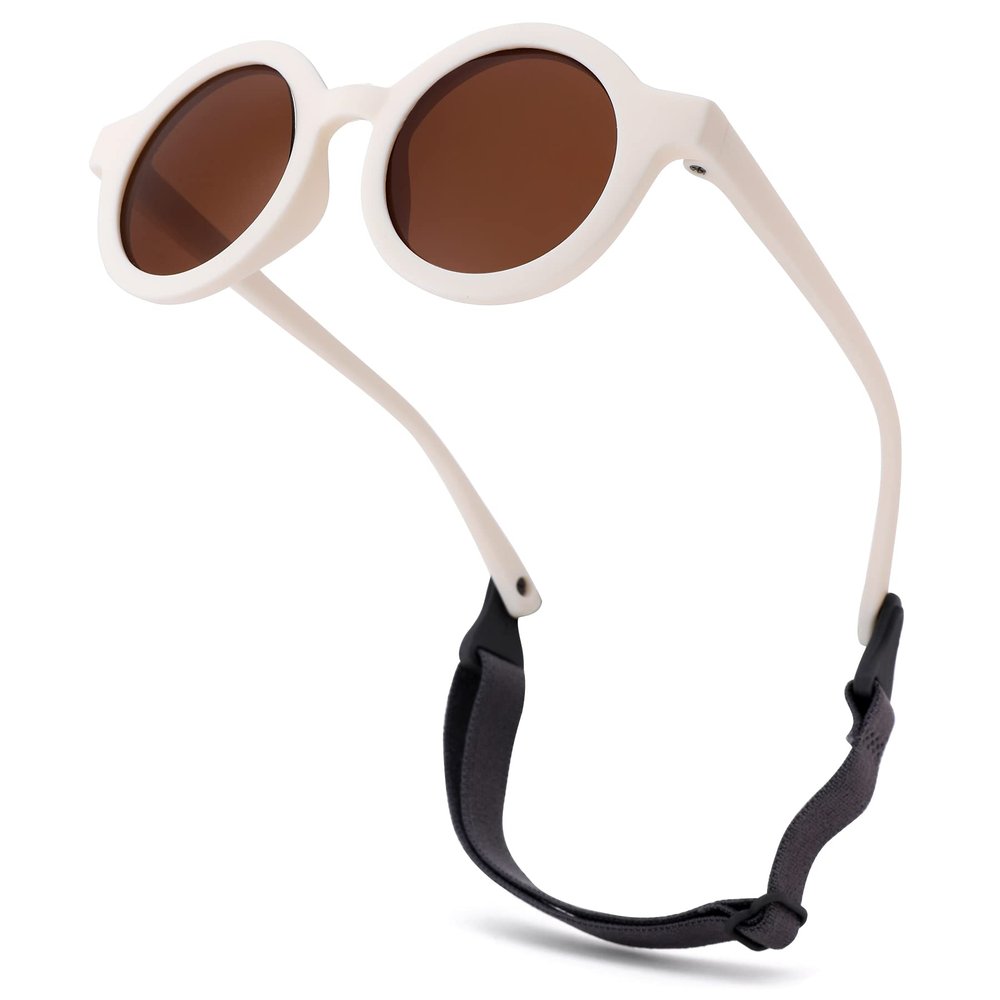 Hycredi Bendable Round Baby Polarized Sunglasses Flexible with Strap for Newborn Infant Toddlers Age 0-24 Months-White/Brown
