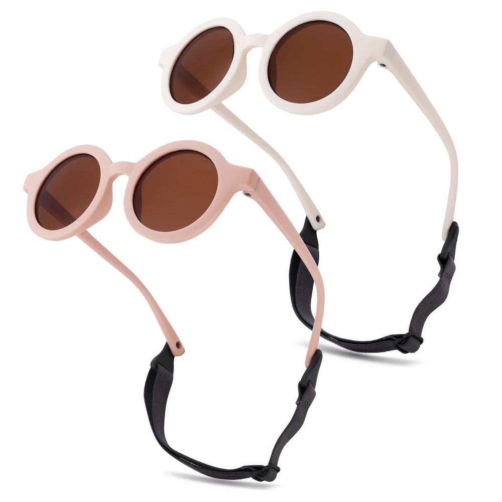 Hycredi Bendable Round Baby Polarized Sunglasses Flexible with Strap for Newborn Infant Toddlers Age 0-24 Months-Pink+ White