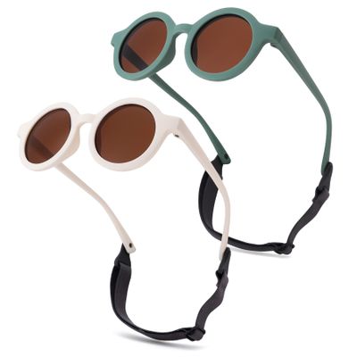 Hycredi Bendable Round Baby Polarized Sunglasses Flexible with Strap for Newborn Infant Toddlers Age 0-24 Months-White+ Green