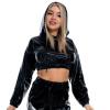 Women Black Metallic Top Rave Reflective Crop Top Tracksuit Drawstring Long Sleeves Crop Top Jacket Sweatshirt or Jogger Pants with Pockets for Sport Party Rave Wear Hooded Cropped Top Black XX-Large view 2