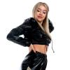 Women Black Metallic Top Rave Reflective Crop Top Tracksuit Drawstring Long Sleeves Crop Top Jacket Sweatshirt or Jogger Pants with Pockets for Sport Party Rave Wear Hooded Cropped Top Black XX-Large view 3
