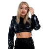 Women Black Metallic Top Rave Reflective Crop Top Tracksuit Drawstring Long Sleeves Crop Top Jacket Sweatshirt or Jogger Pants with Pockets for Sport Party Rave Wear Hooded Cropped Top Black XX-Large view 4