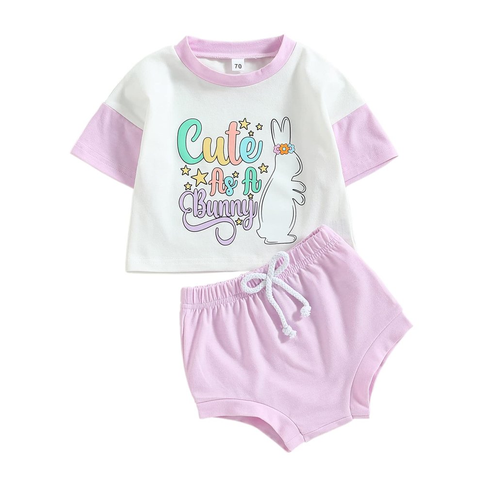 FYBITBO Infant Baby Girl Easter Outfit Bunny Short Sleeve Tops Tshirt and Shorts Summer Easter Matching Clothes Set (Purple Cute As A Bunny, 0-6 Months)
