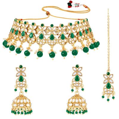 Aheli Traditional Kundan Choker Necklace Jhumki Earring & Maang Tikka Ethnic Bharatanatyam jewellery Set Gift for Women