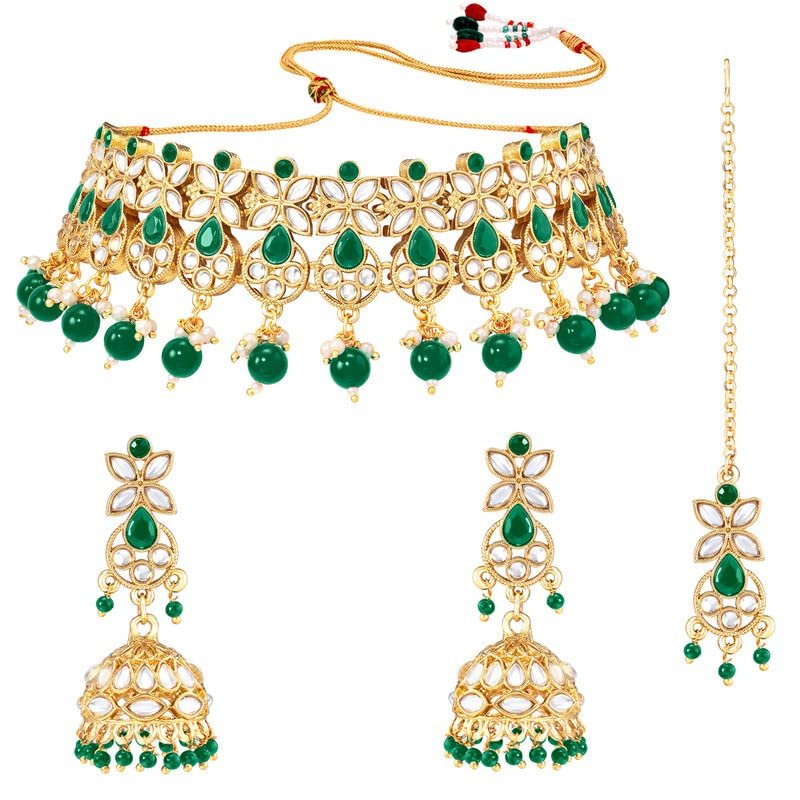Aheli Traditional Kundan Choker Necklace Jhumki Earring & Maang Tikka Ethnic Bharatanatyam jewellery Set Gift for Women