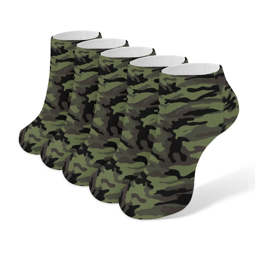 Army Green Camouflage Ankle Socks Soft No Show Socks Cushion Low Cut Socks 5 Pairs for Men Women