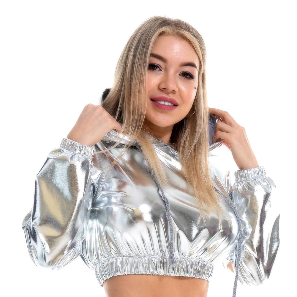 Silver Metallic Top Holographic Rave Reflective Crop Top Tracksuit Long Sleeves Crop Top Jacket Sweatshirt or Jogger Pants with Pockets for Sport Party Rave Wear Hooded Cropped Top Sliver XX-Large