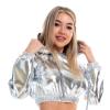 Silver Metallic Top Holographic Rave Reflective Crop Top Tracksuit Long Sleeves Crop Top Jacket Sweatshirt or Jogger Pants with Pockets for Sport Party Rave Wear Hooded Cropped Top Sliver XX-Large view 1