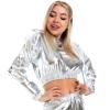 Silver Metallic Top Holographic Rave Reflective Crop Top Tracksuit Long Sleeves Crop Top Jacket Sweatshirt or Jogger Pants with Pockets for Sport Party Rave Wear Hooded Cropped Top Sliver XX-Large view 2