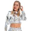 Silver Metallic Top Holographic Rave Reflective Crop Top Tracksuit Long Sleeves Crop Top Jacket Sweatshirt or Jogger Pants with Pockets for Sport Party Rave Wear Hooded Cropped Top Sliver XX-Large view 3
