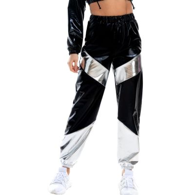 Metallic Pants Women Shiny Pants Womens Holographic Glitter Pants Rave Pants 80s Outfit For Women Kpop Outfits Hip Hop Trousers Dance Hanukkah Leggings Streetwear Y2k Rave Pants Black Silver X-Large