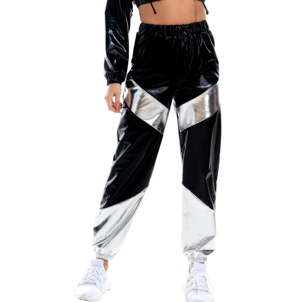 Metallic Pants Women Shiny Pants Womens Holographic Glitter Pants Rave Pants 80s Outfit For Women Kpop Outfits Hip Hop Trousers Dance Hanukkah Leggings Streetwear Y2k Rave Pants Black Silver X-Large