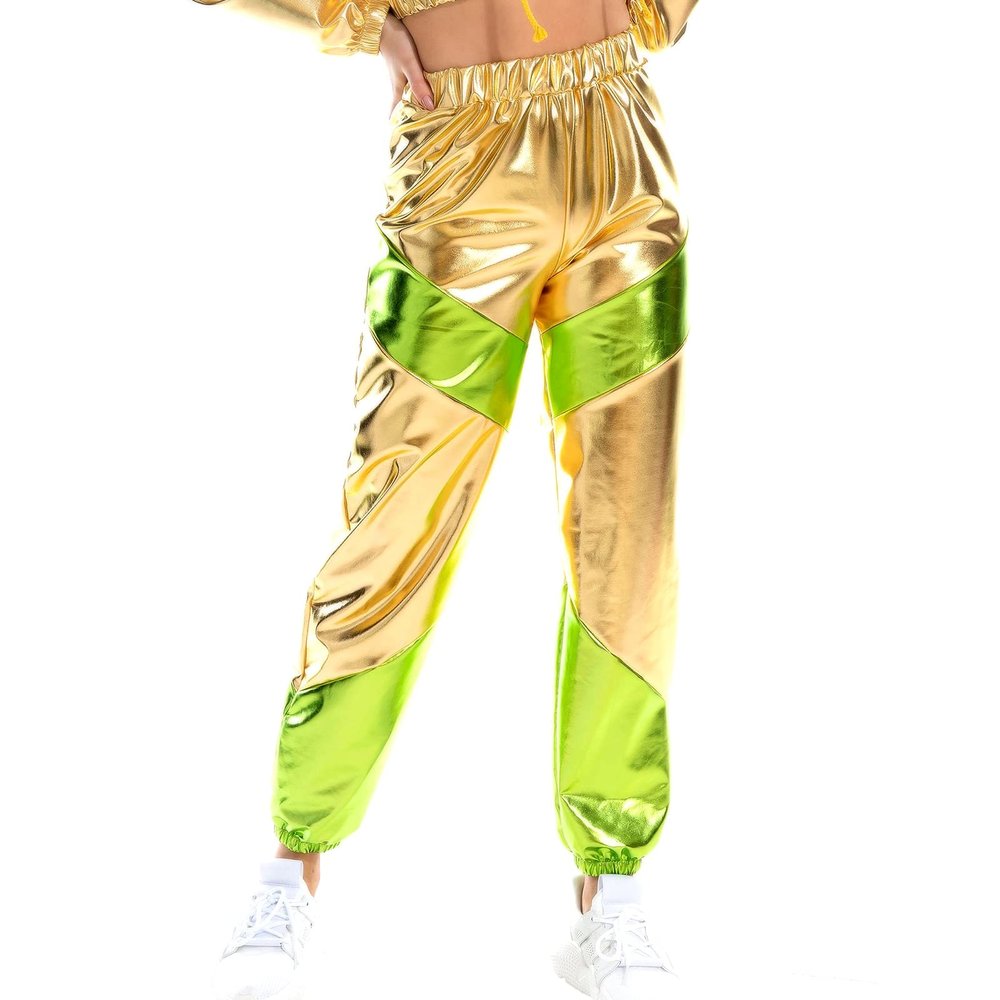 Reflective Pants For Women Shiny Metallic Pants Holographic Glitter Rave Dance Pants Festival Clothing Parachute Pants For Women Hip Hop Trousers Streetwear Pants 80s 90s Kpop Outfits Golden XX-Large