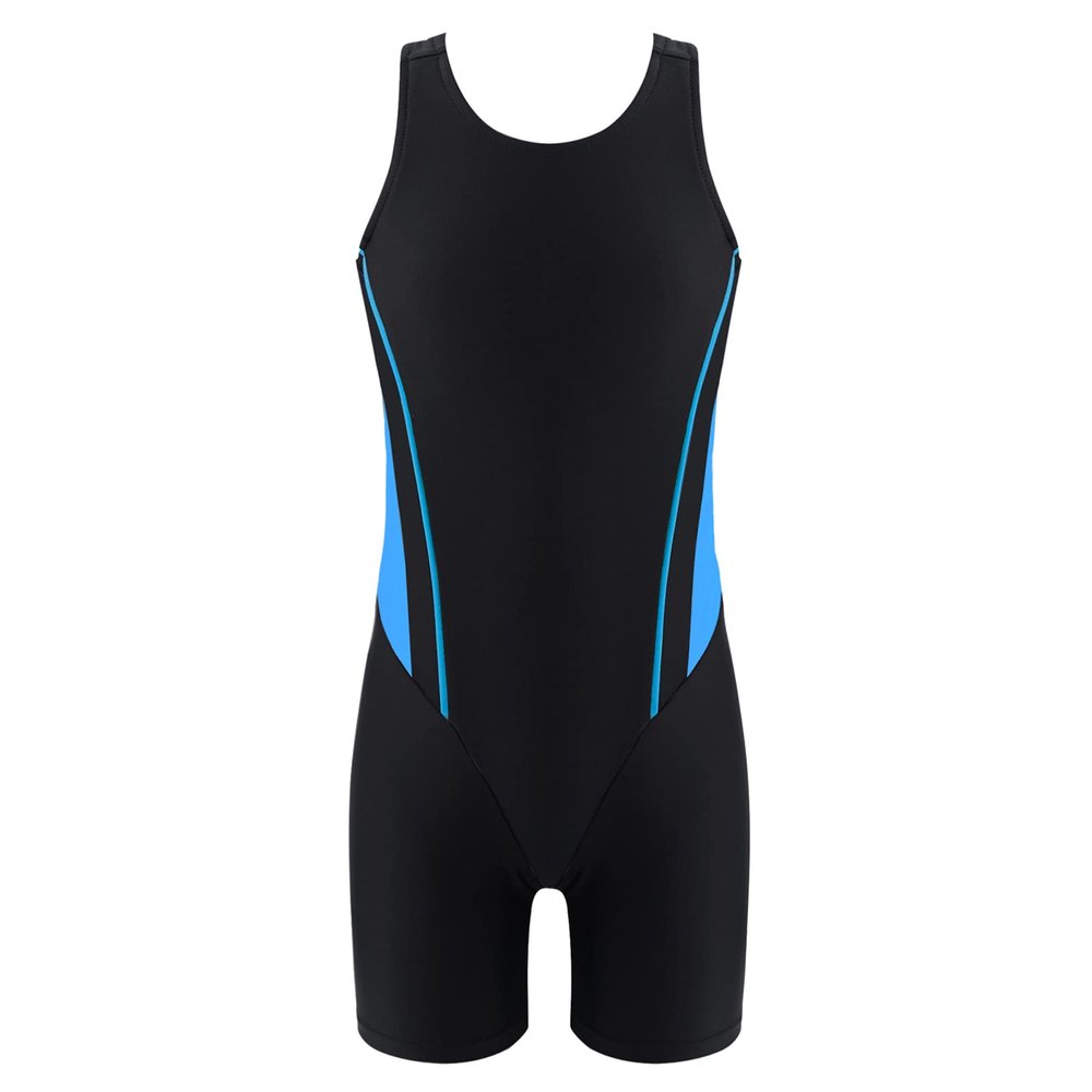 Linjinx Kids Girls Athletic One Piece Swimsuit Racer Back Boyleg Swminwear Competitive Sport Training Bathing Suit Biketard Blue&Black 8 Years