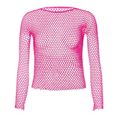 Lejafay Mens Mesh Fishnet See Through Round Neck Long Sleeve T-Shirt Muscle Tops Undershirt Clubwear Hot Pink One Size